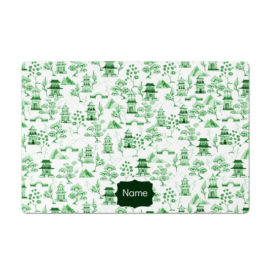 Personalized Pet Bowl Mat, Chinoiserie Toile, Green and White