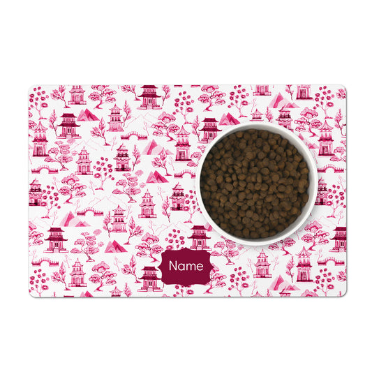 Pink and white chinoiserie dog bowl mat personalized with name