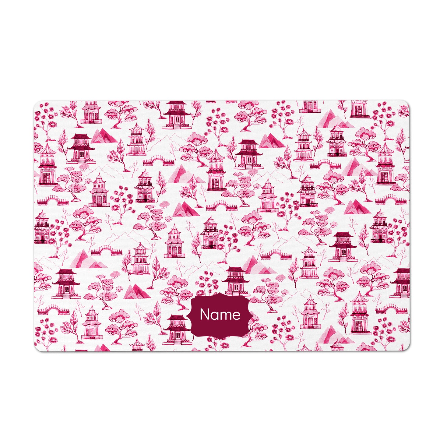 Personalized Pet Bowl Mat, Chinoiserie Toile, Pink and White