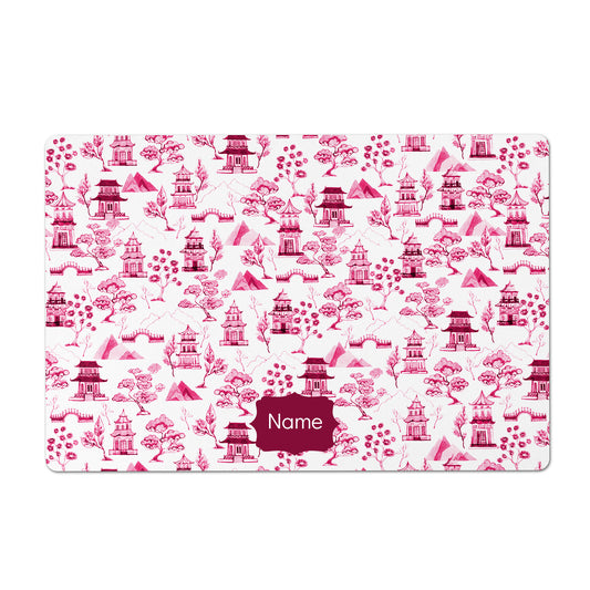 Personalized Pet Bowl Mat, Chinoiserie Toile, Pink and White