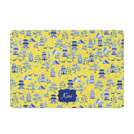 Personalized Pet Bowl Mat, Chinoiserie Toile, Yellow and Blue