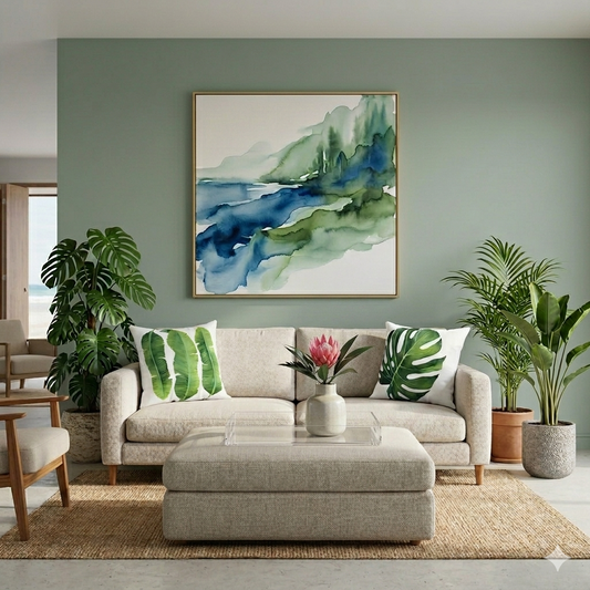 sofa with modern tropical leaf pillows in white and green