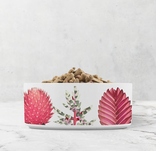 Pink protea, ginger and birds of paradise dog bowl.