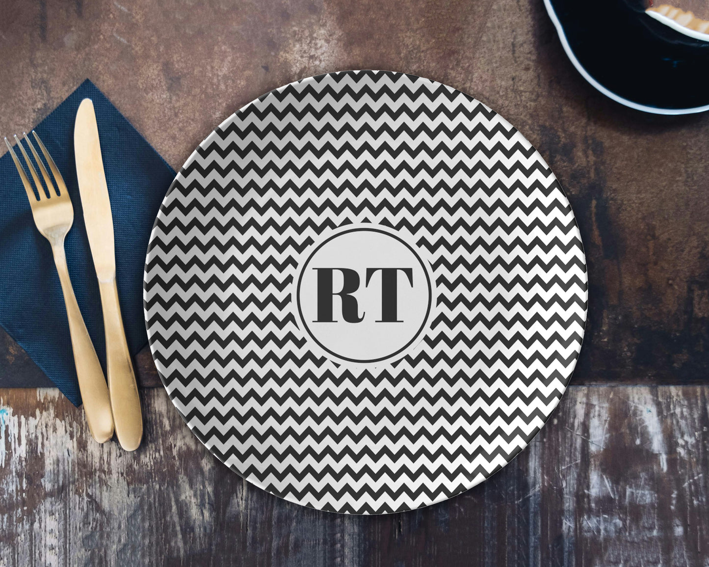 Personalized Black and White Chevron Stripe Monogram Plate Set features zig zag stripes and monogram initials