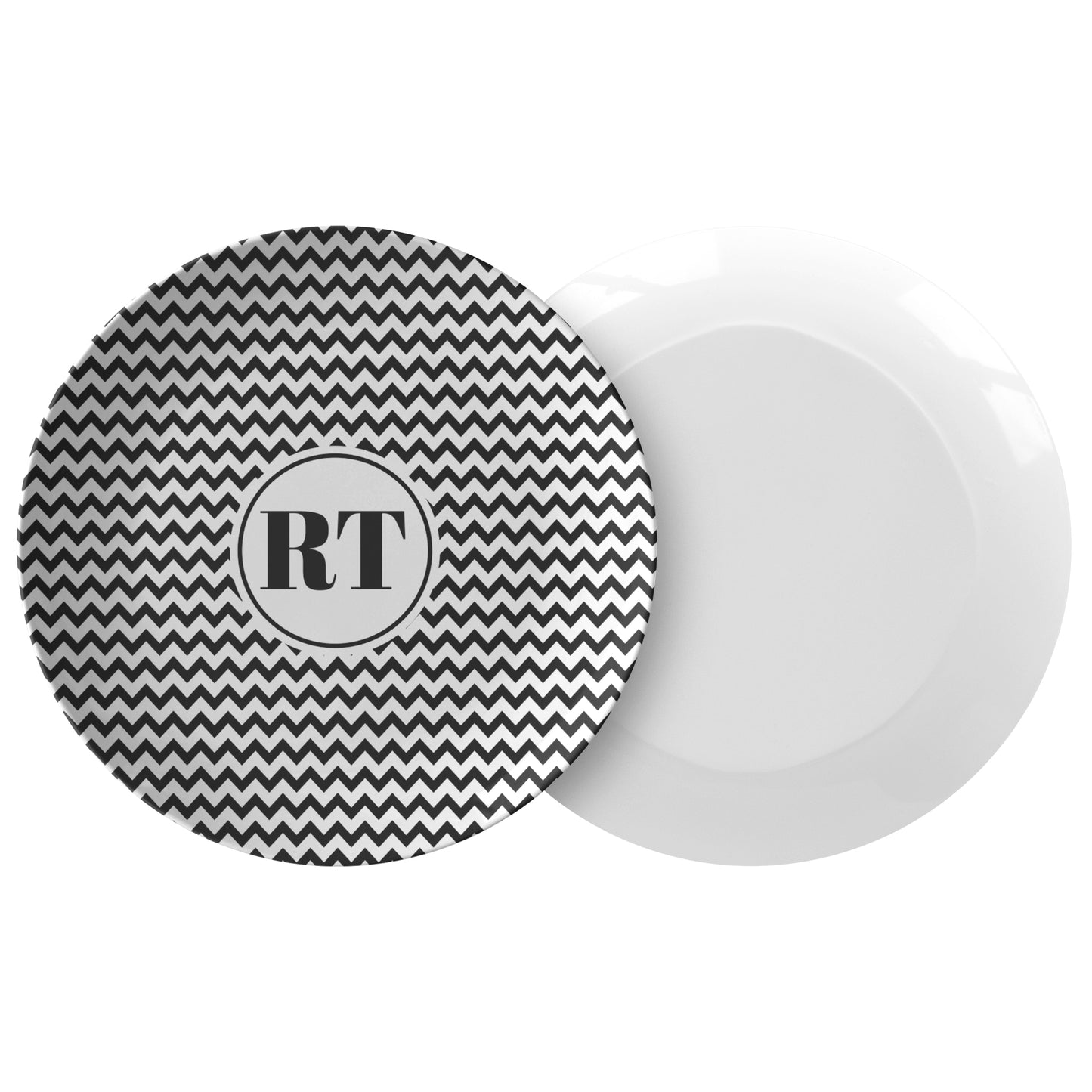 Monogram Plates 10"D, Black & White Chevron, Luxury Plastic, Choose Single or Set