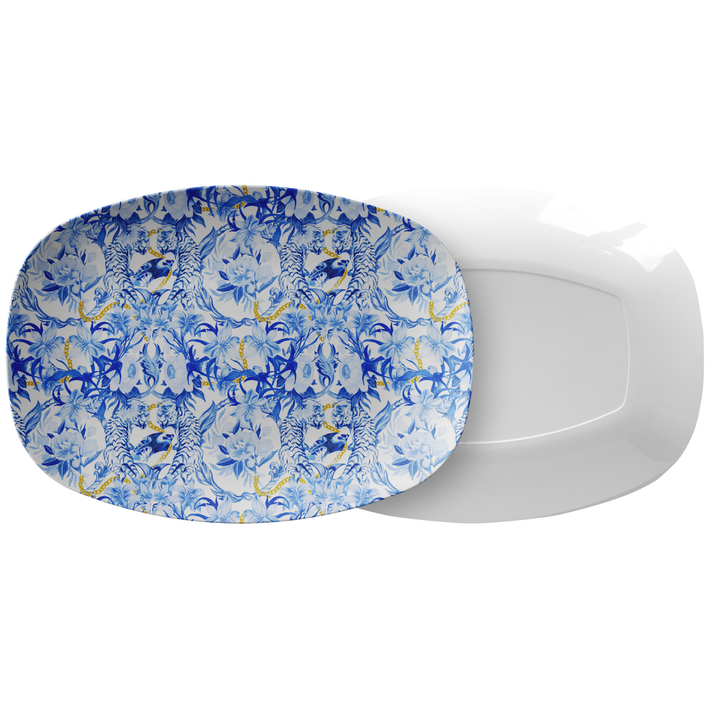 Chinoiserie Jungle Print Serving Platter, Blue & White, Luxury Plastic
