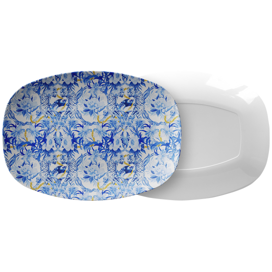 Chinoiserie Jungle Print Serving Platter, Blue & White, Luxury Plastic