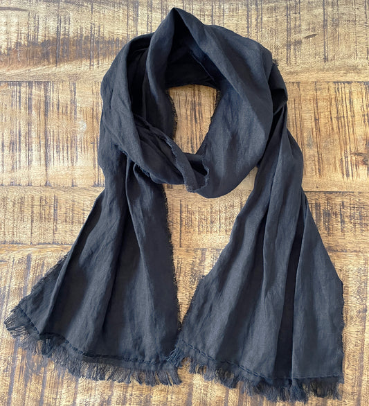 Fringed Black Linen Scarf with Embroidery, Unisex, Two Sizes