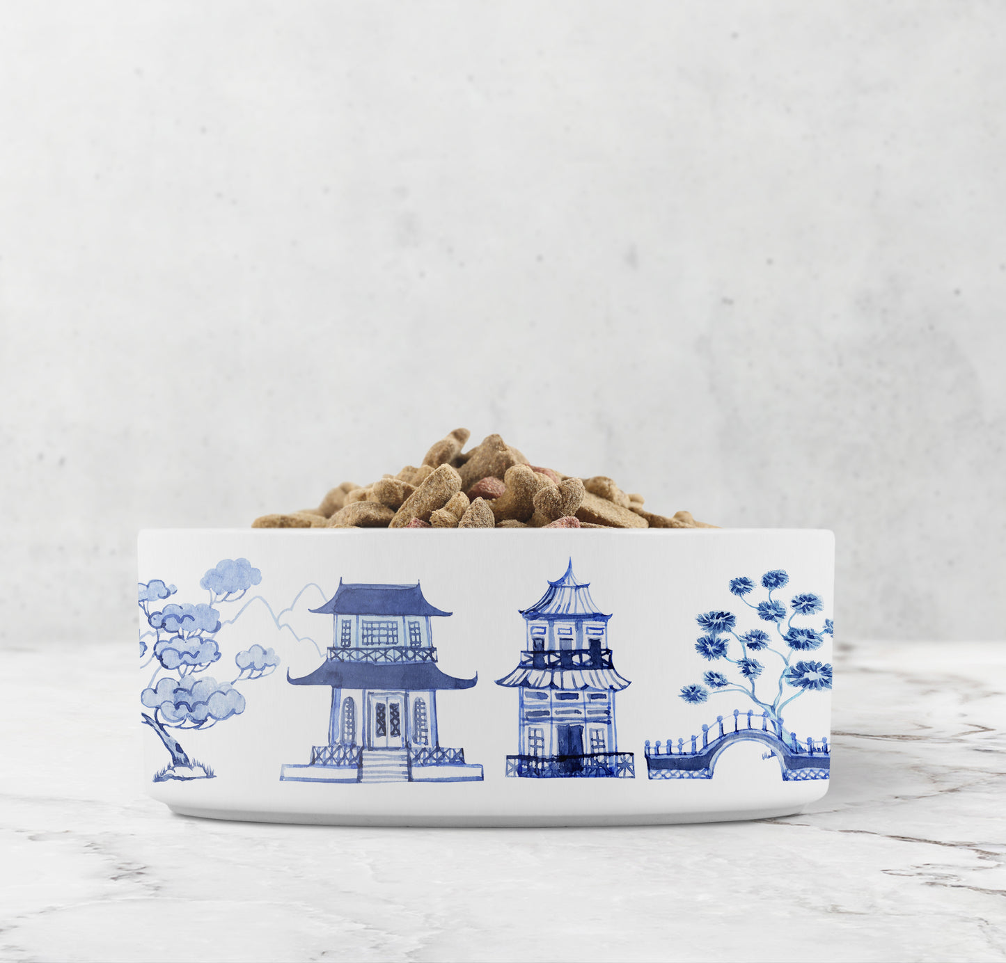 Chinoiserie Pet Bowl, Pagoda Print, Ceramic, Blue and White