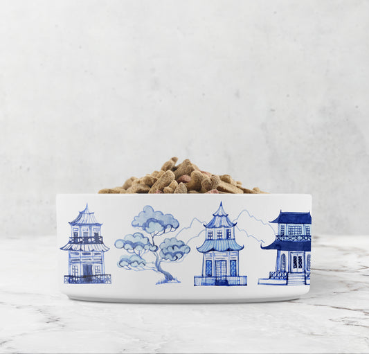 Chinoiserie Pet Bowl, Pagoda Print, Ceramic, Blue and White