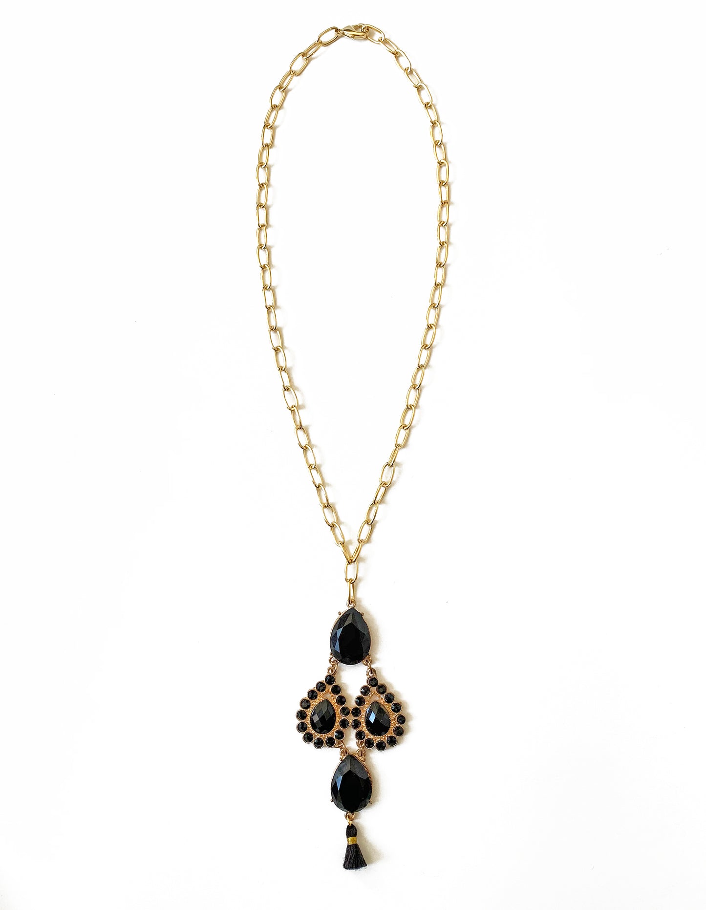 Black Beaded Chandelier Necklace with Tassel, 18K Gold Plated Paperclip Chain