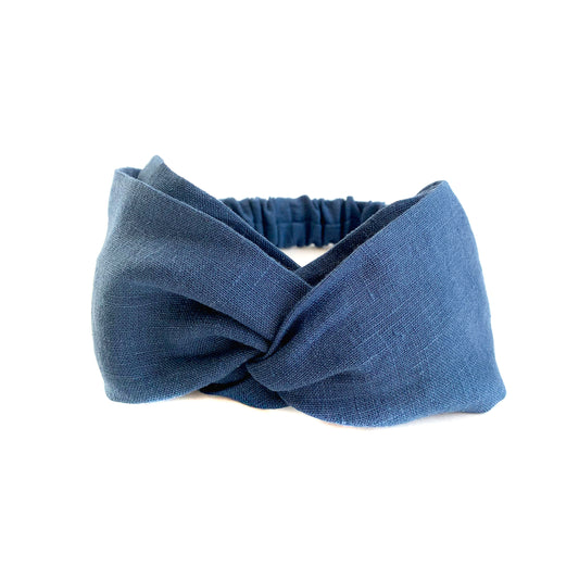 Blue Linen Headband, Twist Top Knot Turban Headbands with Elastic
