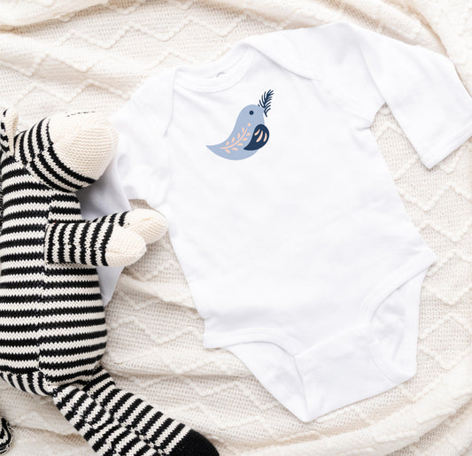 Blue Folk Art Dove Baby One Piece, Long Sleeve, White