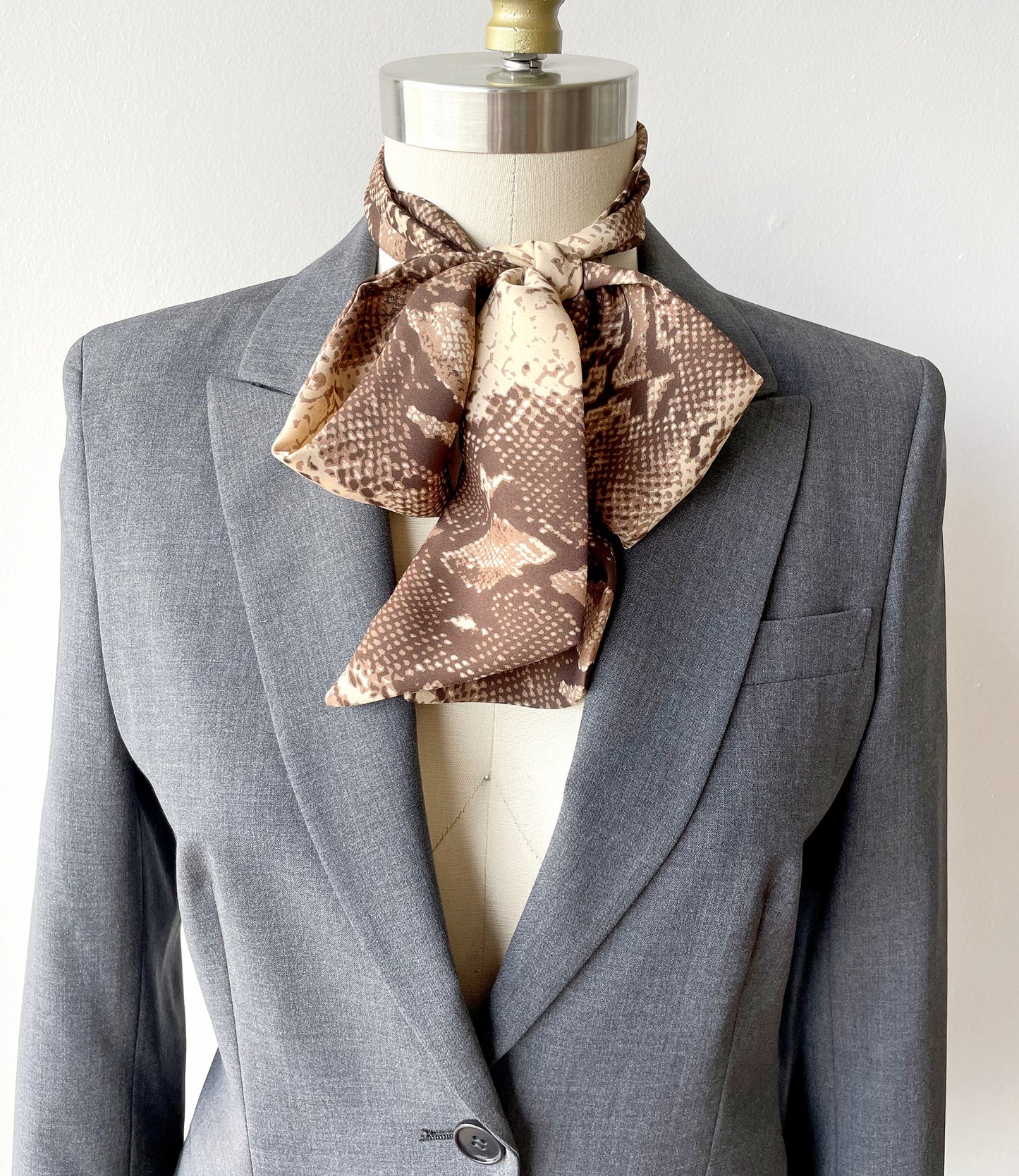 Snakeskin Print Silk Skinny Neck Scarf Bow