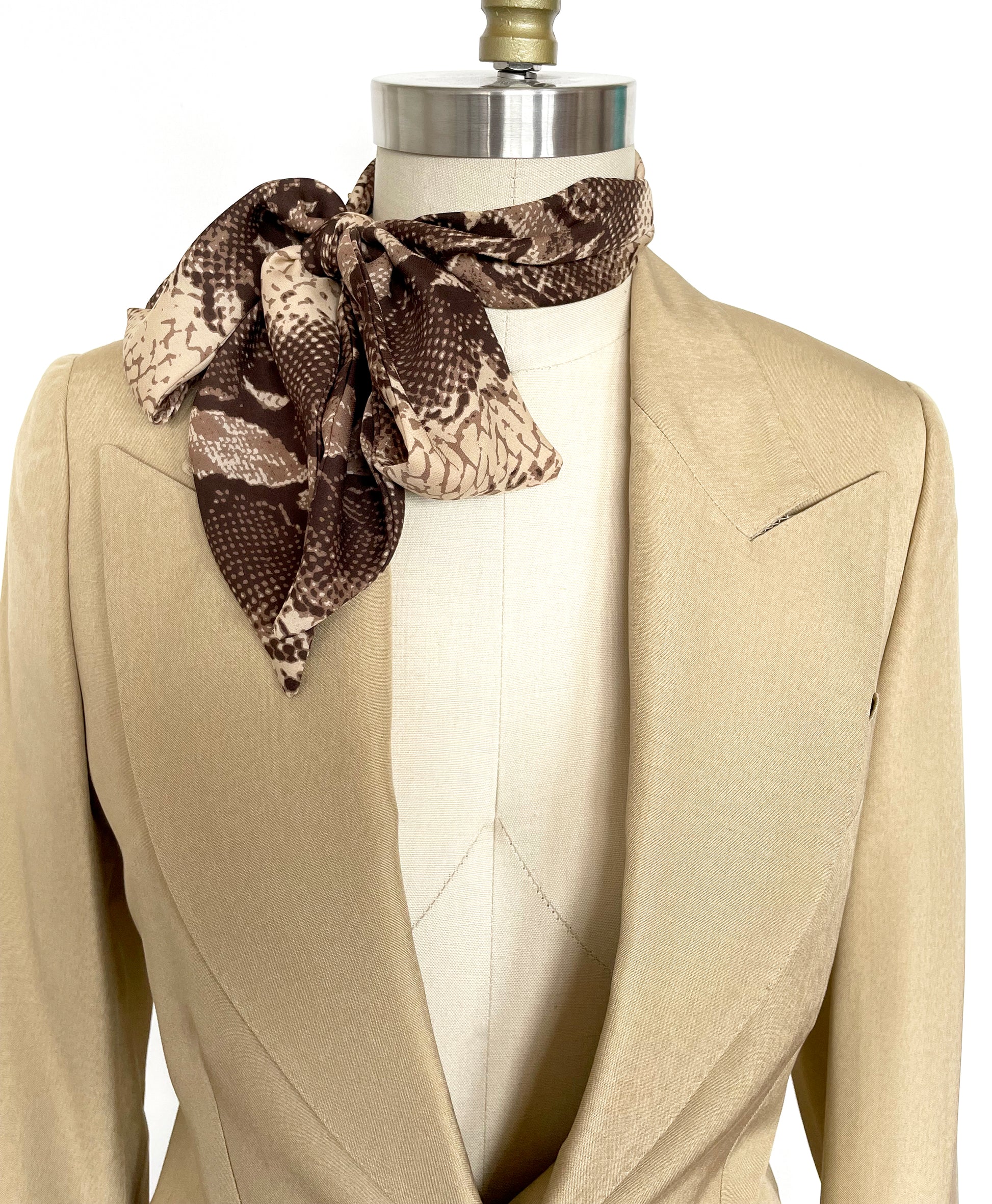 Thin silk scarf for women with brown and tan snakeskin print