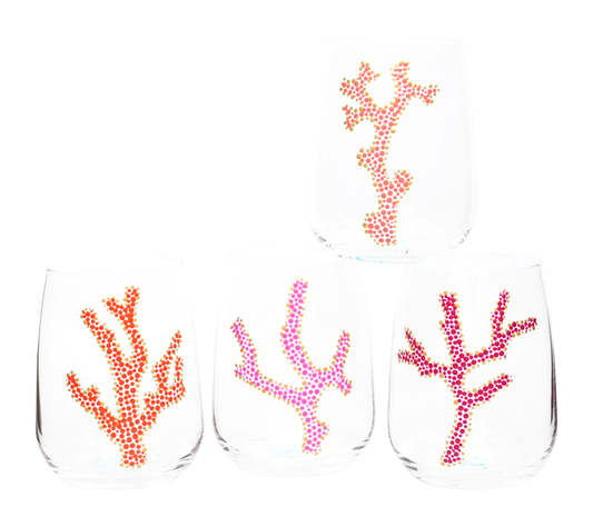 Nautical Pink & Orange Coral Branch Glassware, Hand Painted Wine Glasses