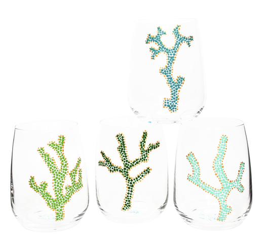 Nautical Coral Branch Glassware, Hand Painted Wine Glasses, Turquoise & Green
