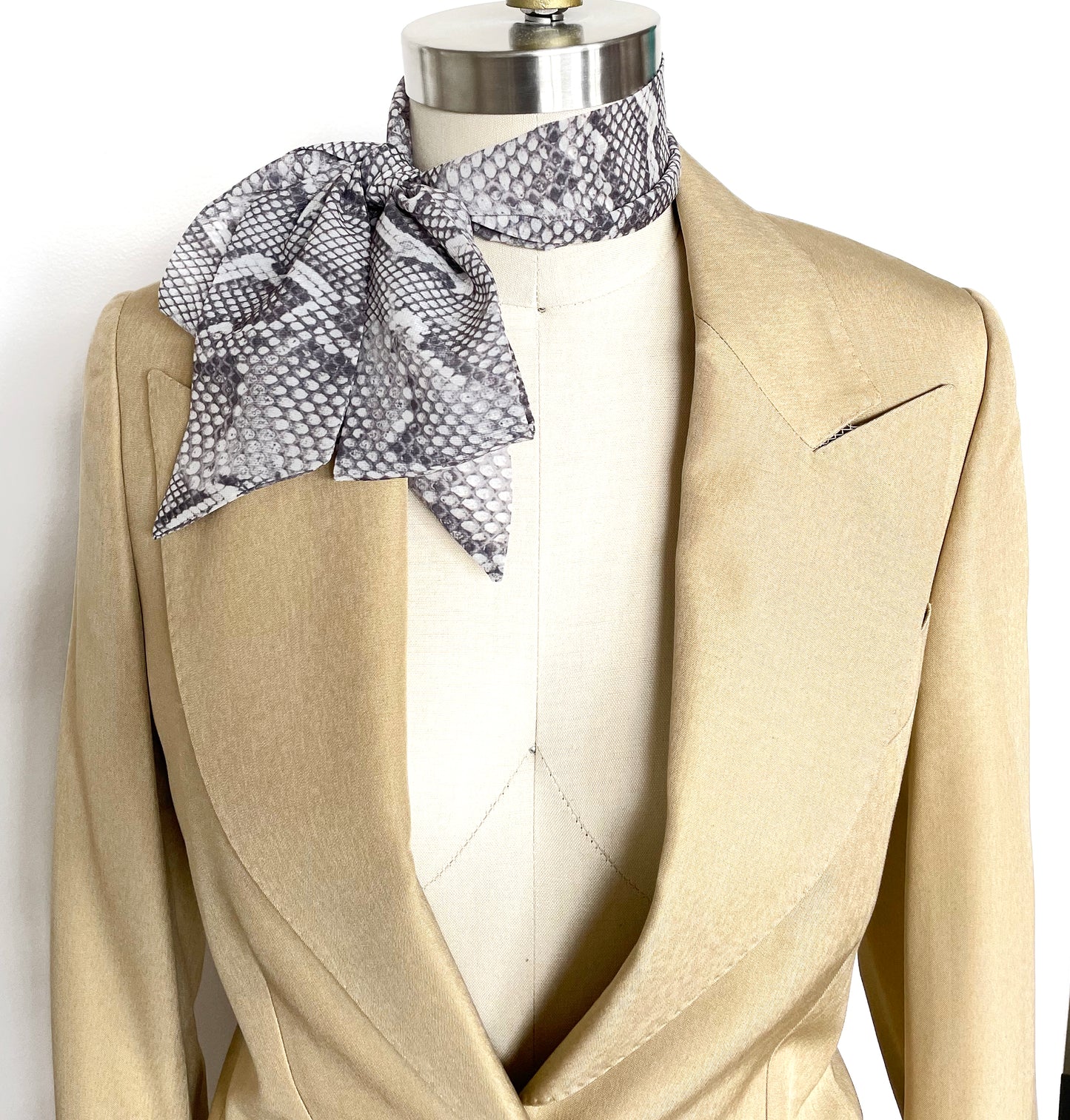 Long Skinny Scarf for Women, Neck Bow Grey Snakeskin