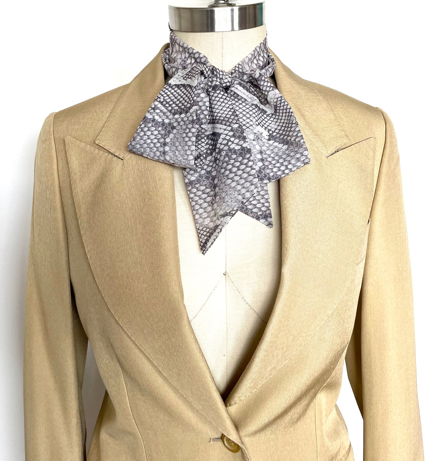 Chiffon Bow Neck Scarf - Grey Snakeskin Print