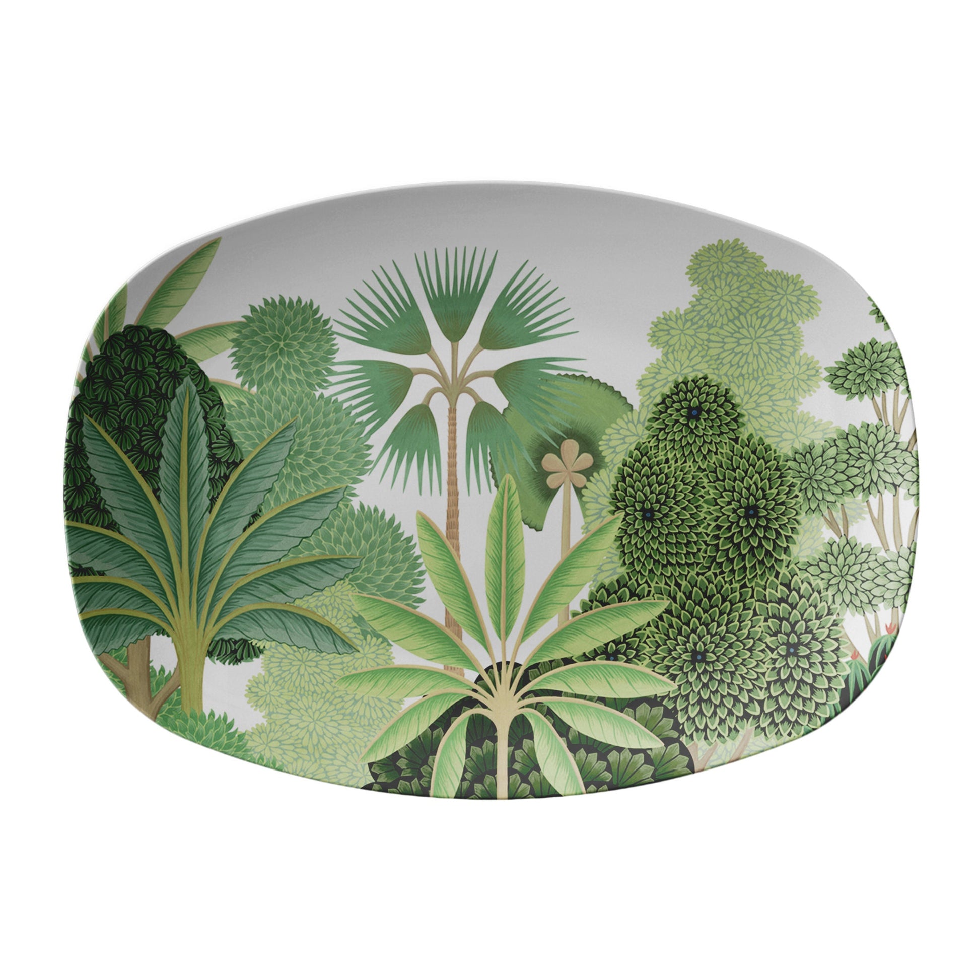 Palm tree serving platter in green and white botanical print