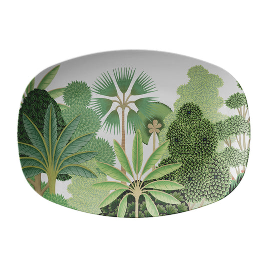 Palm tree serving platter in green and white botanical print