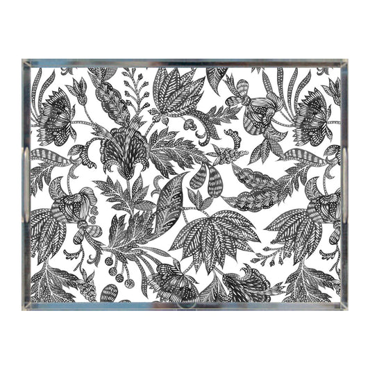 Floral Batik Acrylic Tray, Black & White, 8.5" X 11"