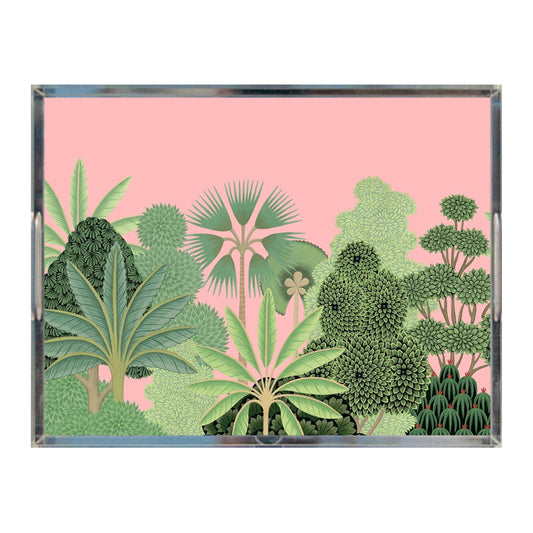 Tropical Trees Acrylic Tray, Pink and Green, Mughal Garden, 8.5" X 11"