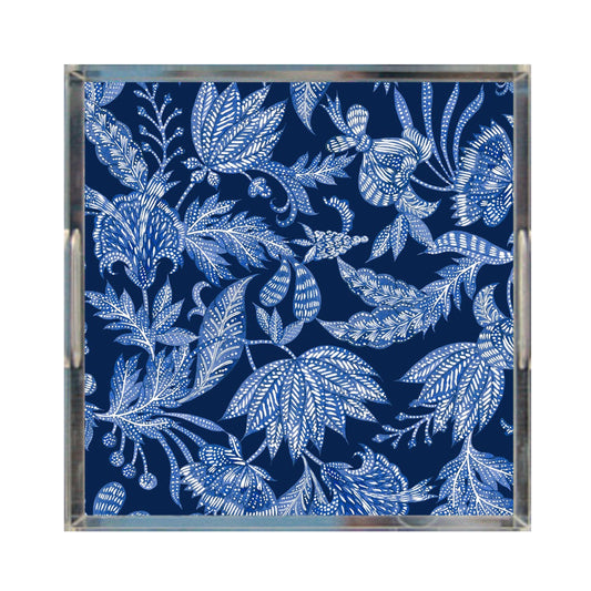 Floral Batik Acrylic Tray, Indigo Blue & Navy, 12" X 12"