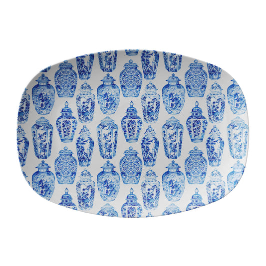 Ginger Jars serving platter dish with blue and white classic ginger jars print