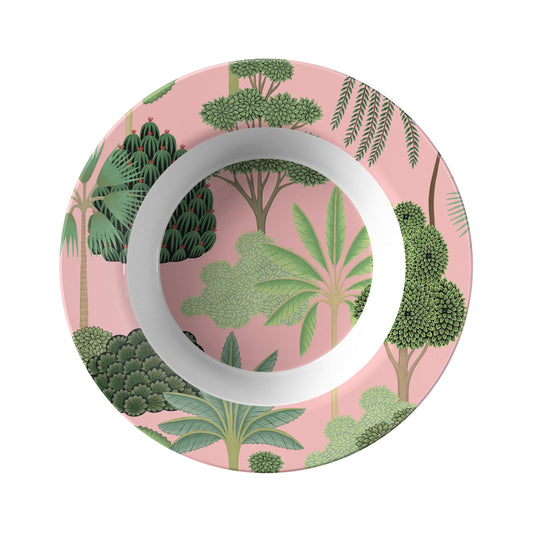 Tropical Trees Luxury Plastic Bowls Set of 4, Pink and Green Mughal Garden Palm Tree Print