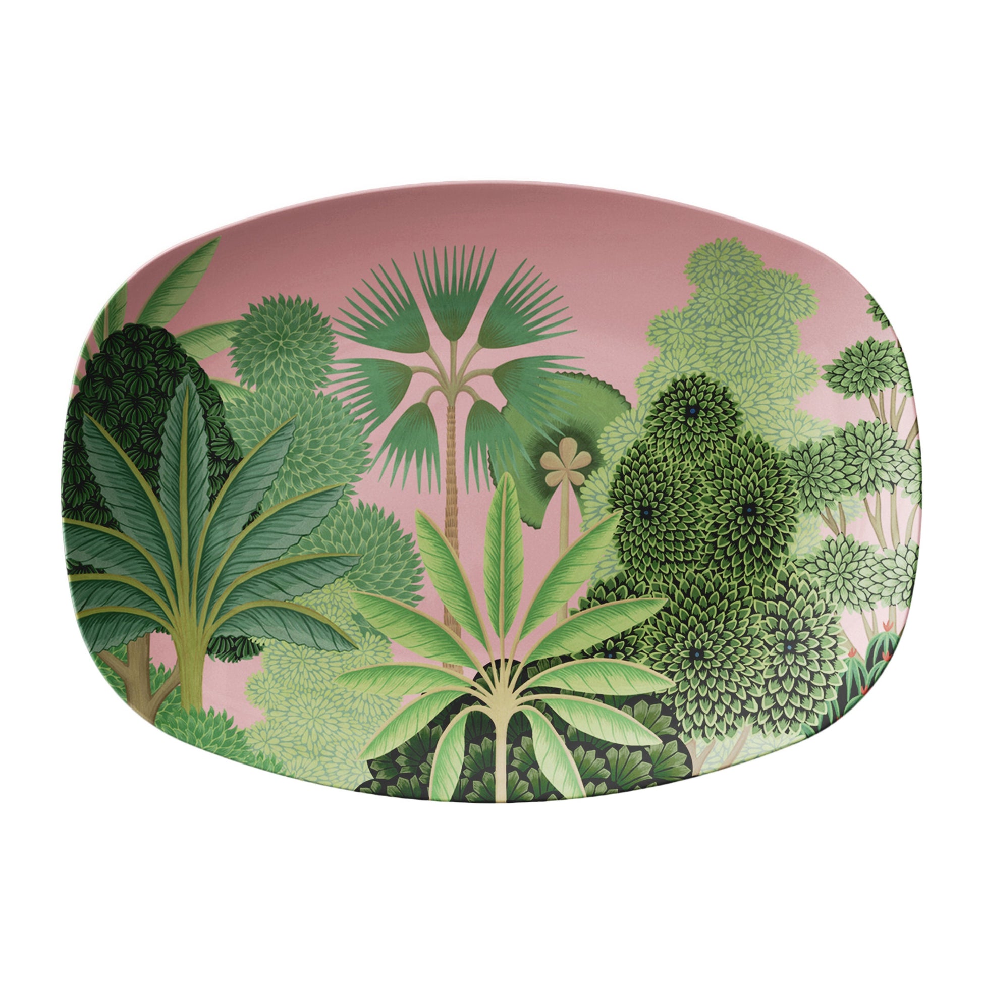 Palm beach serving platter with tropical trees in preppy pink and green