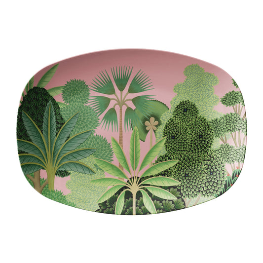 Palm beach serving platter with tropical trees in preppy pink and green