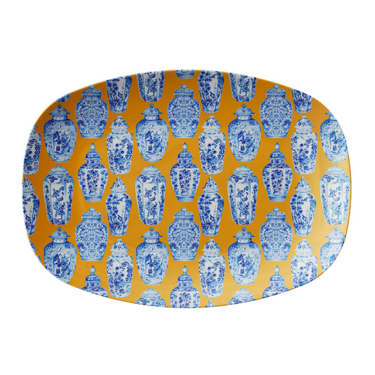 Chinoiserie orange, blue and white serving plate with ginger jars print