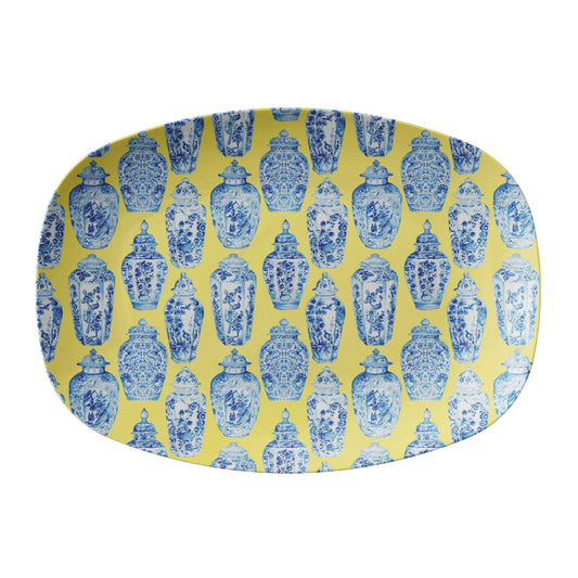 Lemon yellow serving platter with blue and white ginger jars chinoiserie print