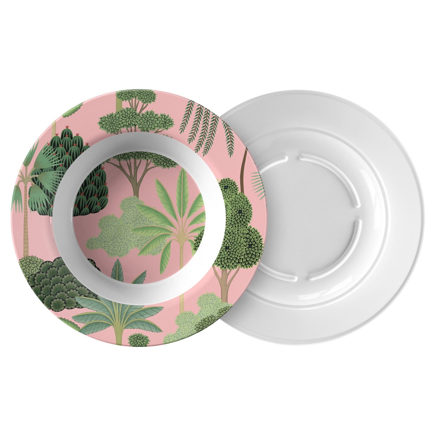 Tropical Trees Luxury Plastic Bowls Set of 4, Pink and Green Mughal Garden Palm Tree Print