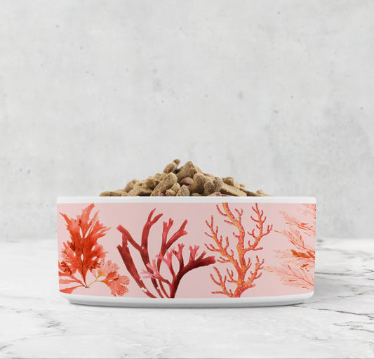 Ocean coral reef pet dish in gorgeous pinks, oranges and reds.