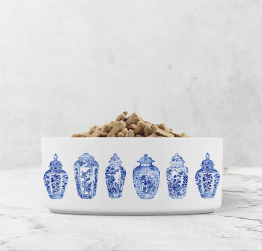 Chinoiserie Ginger Jar Pet Bowl, Ceramic, Blue and White