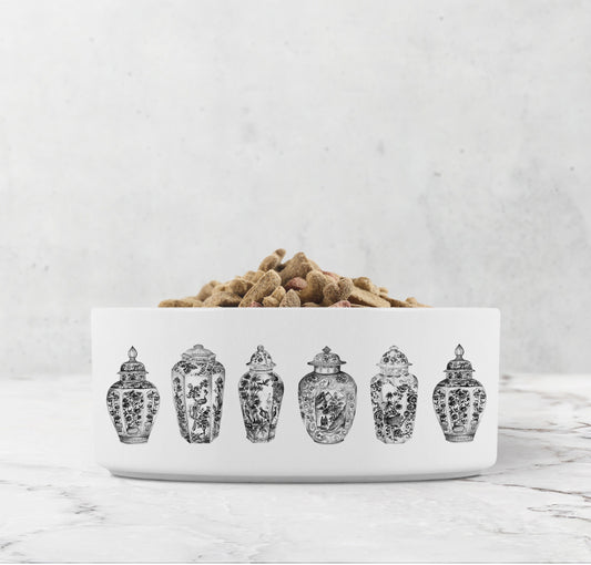 Chinoiserie Ginger Jar Pet Bowl, Ceramic, White & Black