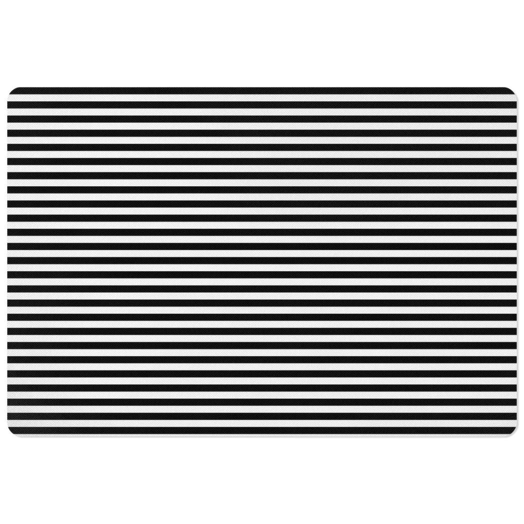 Rectangle pet bowl mat with classic black and white stripe horizontal print.