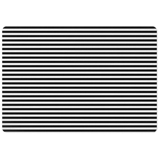 Rectangle pet bowl mat with classic black and white stripe horizontal print.
