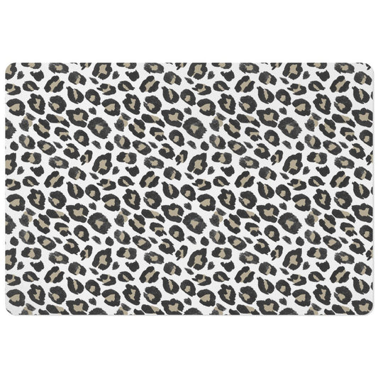 Rectangle pet food mat with black tan and white leopard spots animal print.