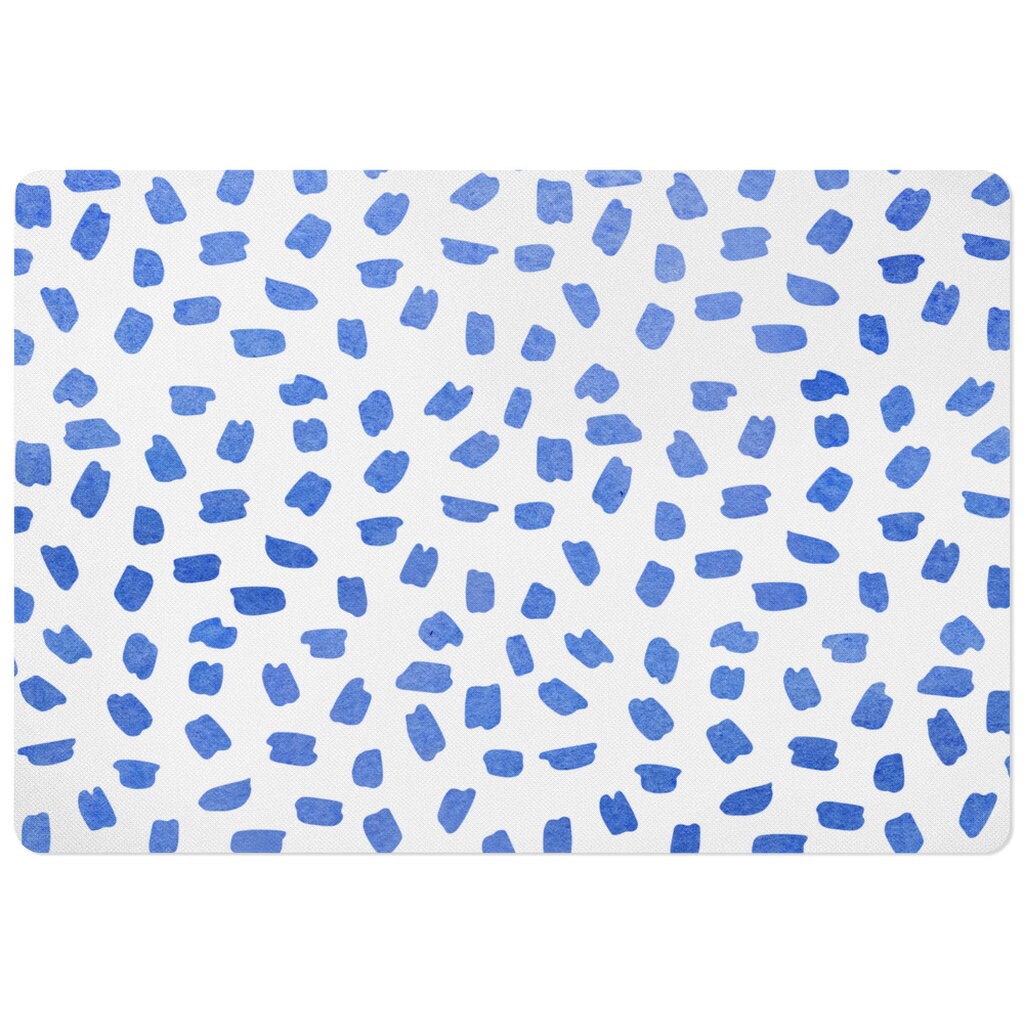 Pet Mat with blue brush strokes on white.