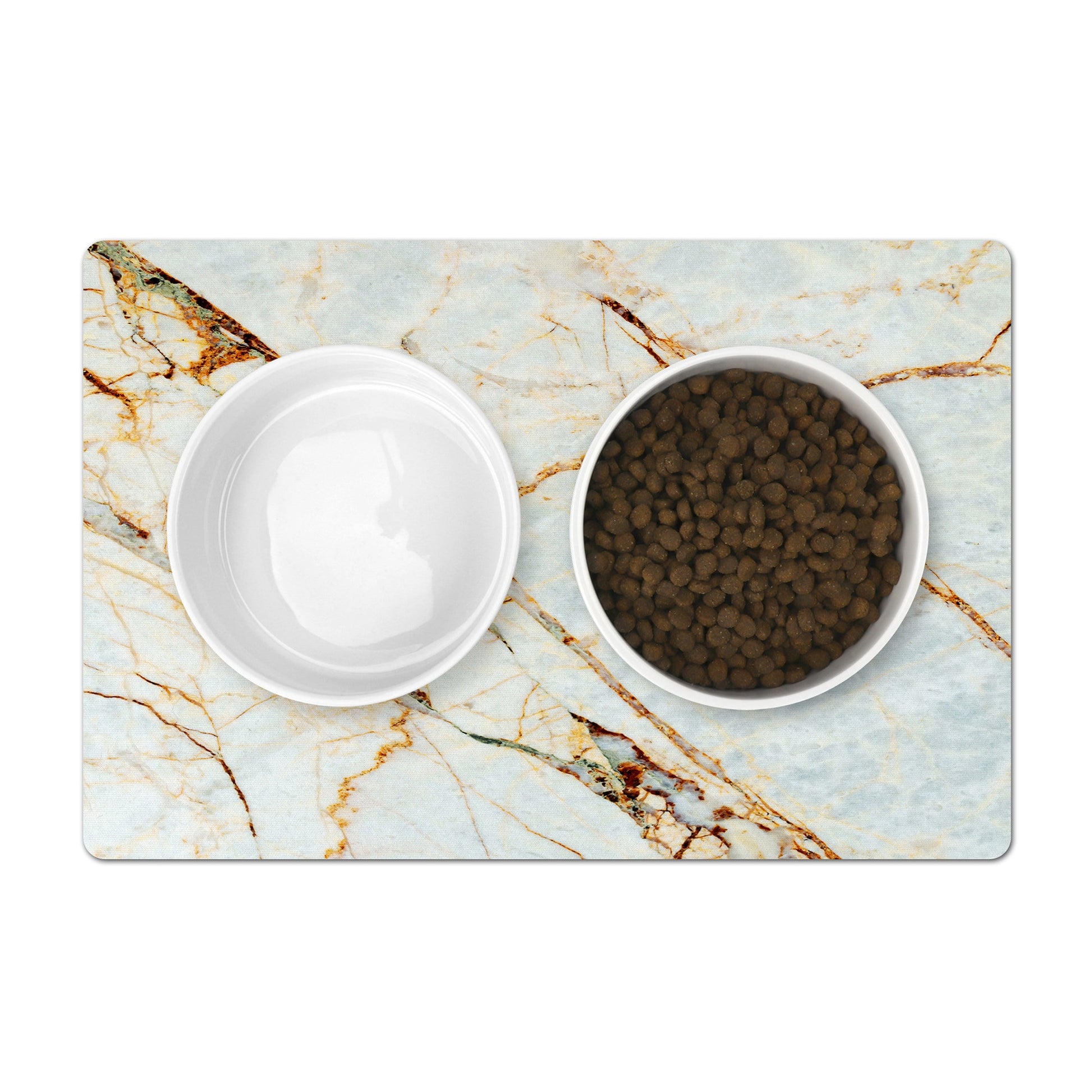 Pet Food Mat with Marble countertop print in off white grey and rust.