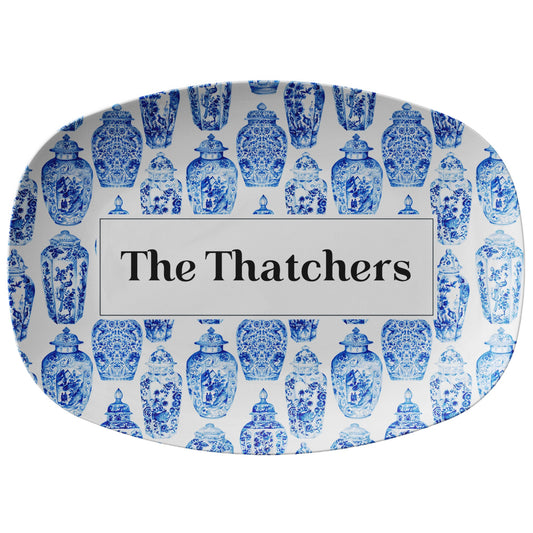 Blue and white ginger jars printed on platter can be personalized with any name or word.