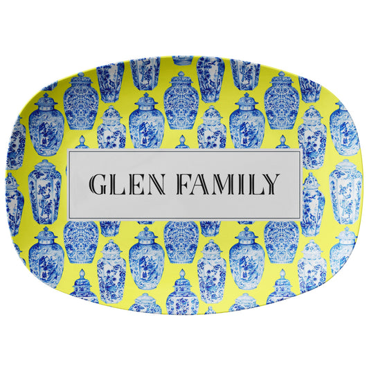 Serving platter has blue and white ginger jars printed on a yellow background. Personalize with any name, word or initials.