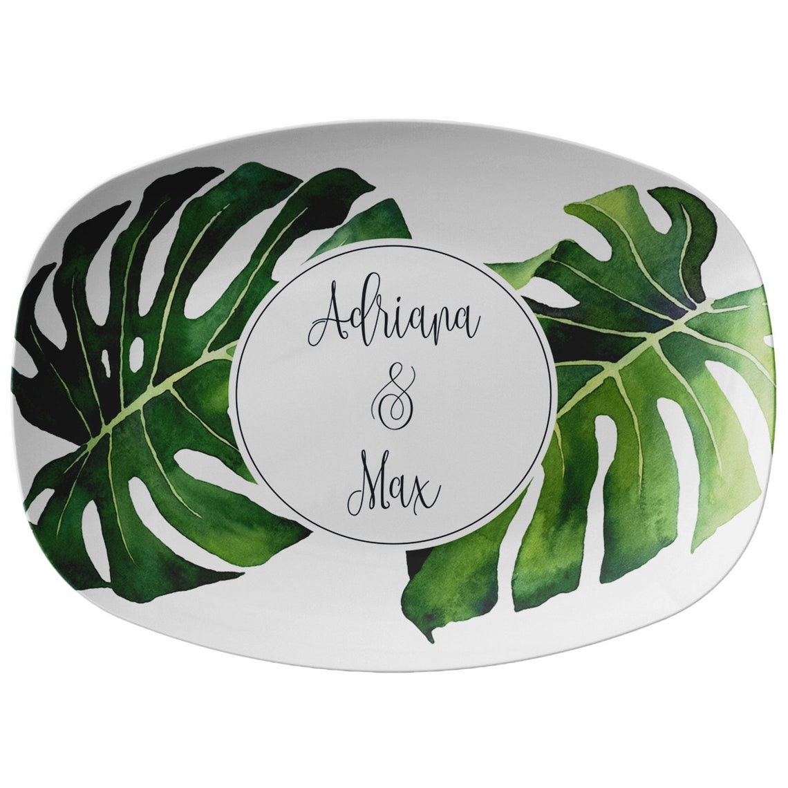 Personalized Serving Platter, Tropical Monstera Leaf, Green and White, Luxury Plastic