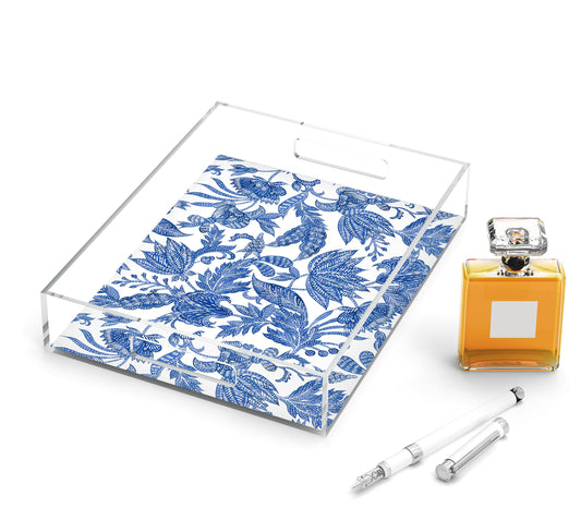 Floral Batik Acrylic Tray, White & Indigo Blue, 8.5" X 11"