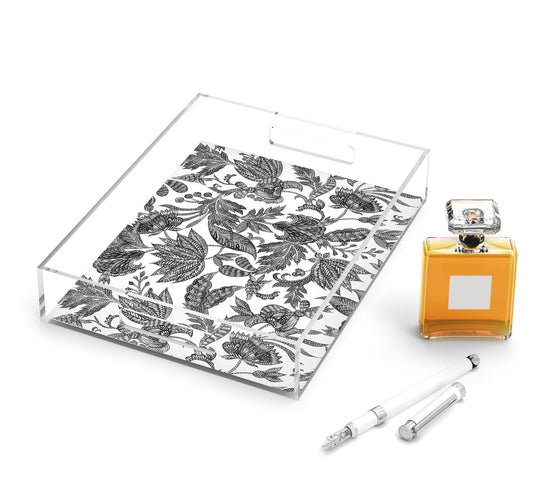 Floral Batik Acrylic Tray, Black & White, 8.5" X 11"