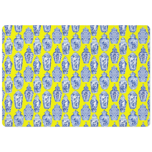 Pet food mat with modern print of blue and white ginger jars on yellow placemat.