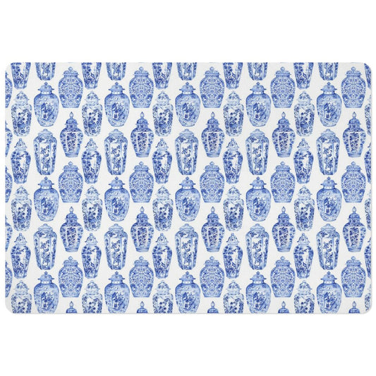 Mat for pet food bowls with blue and white chinoiserie ginger jars print.